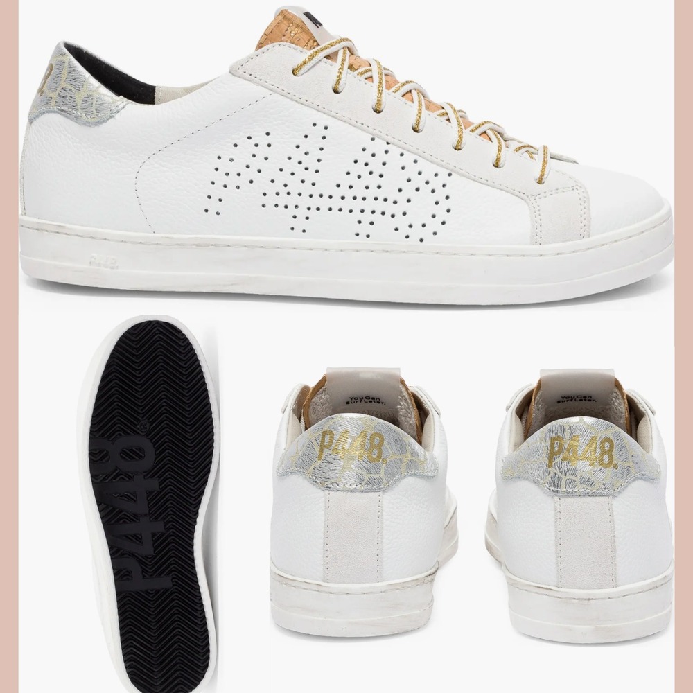 NEW P448 [ Womens 39 ] John‎ Sneakers with Metallic Shoe Laces White Silver Cork